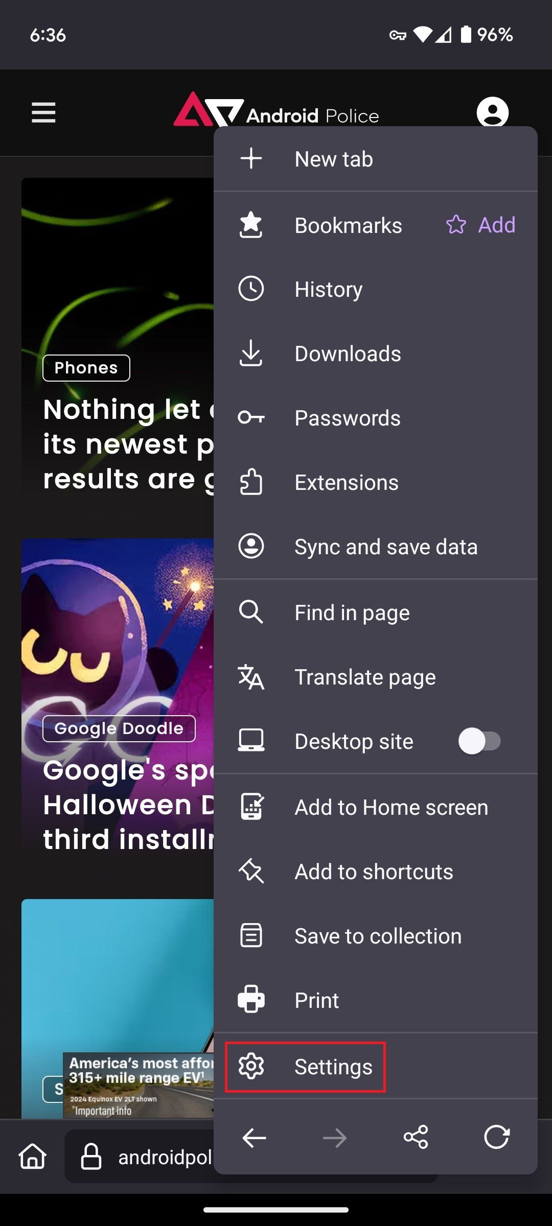 Menu cài đặt trong Firefox dành cho Android