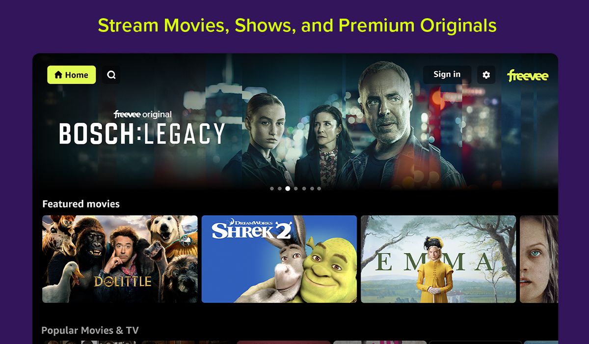 Freevee streaming platform interface image, highlighted "Bosch: Legacy," Freevee original series.