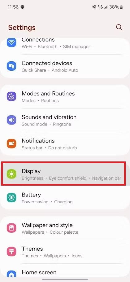 Screenshot highlighting Display on the Galaxy A15