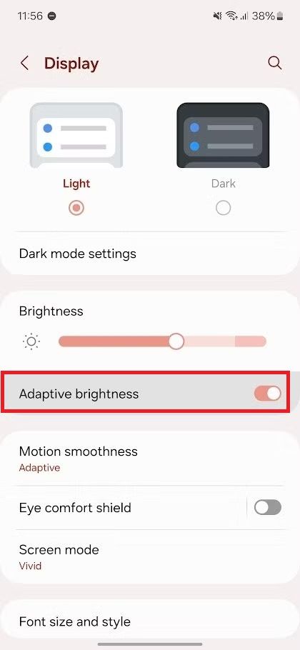Screenshot highlighting the Adaptive brightness toggle on the Galaxy A15
