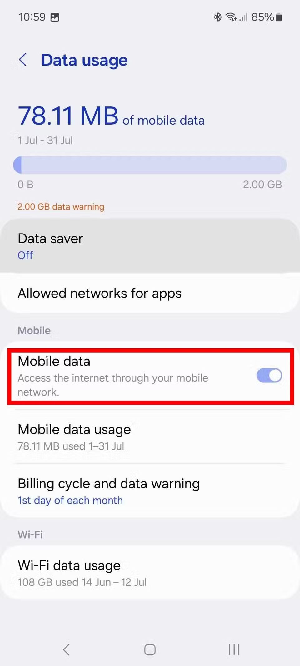 Screenshot highlighting the mobile data toggle on the Galaxy A15