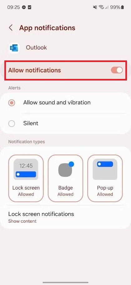 Screenshot highlighting Allow notifications on the Galaxy A15