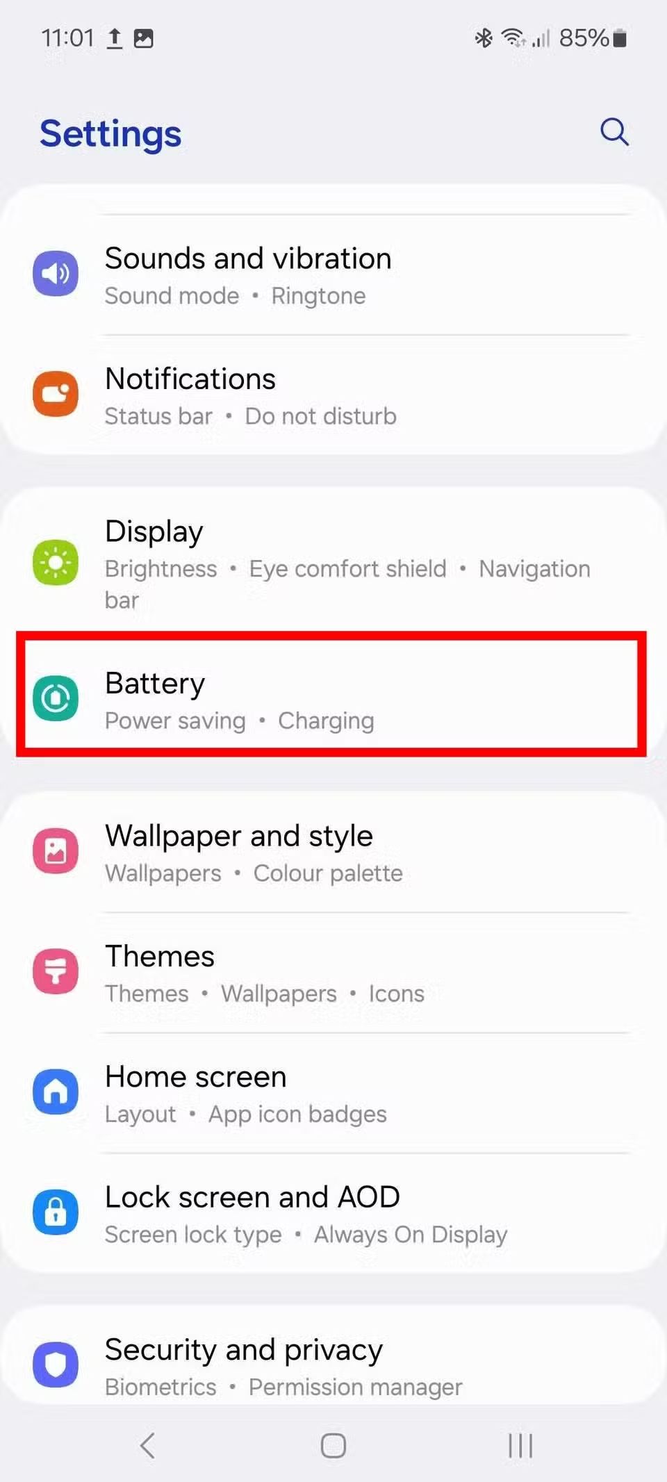 Screenshot highlighting Battery on the Galaxy A15