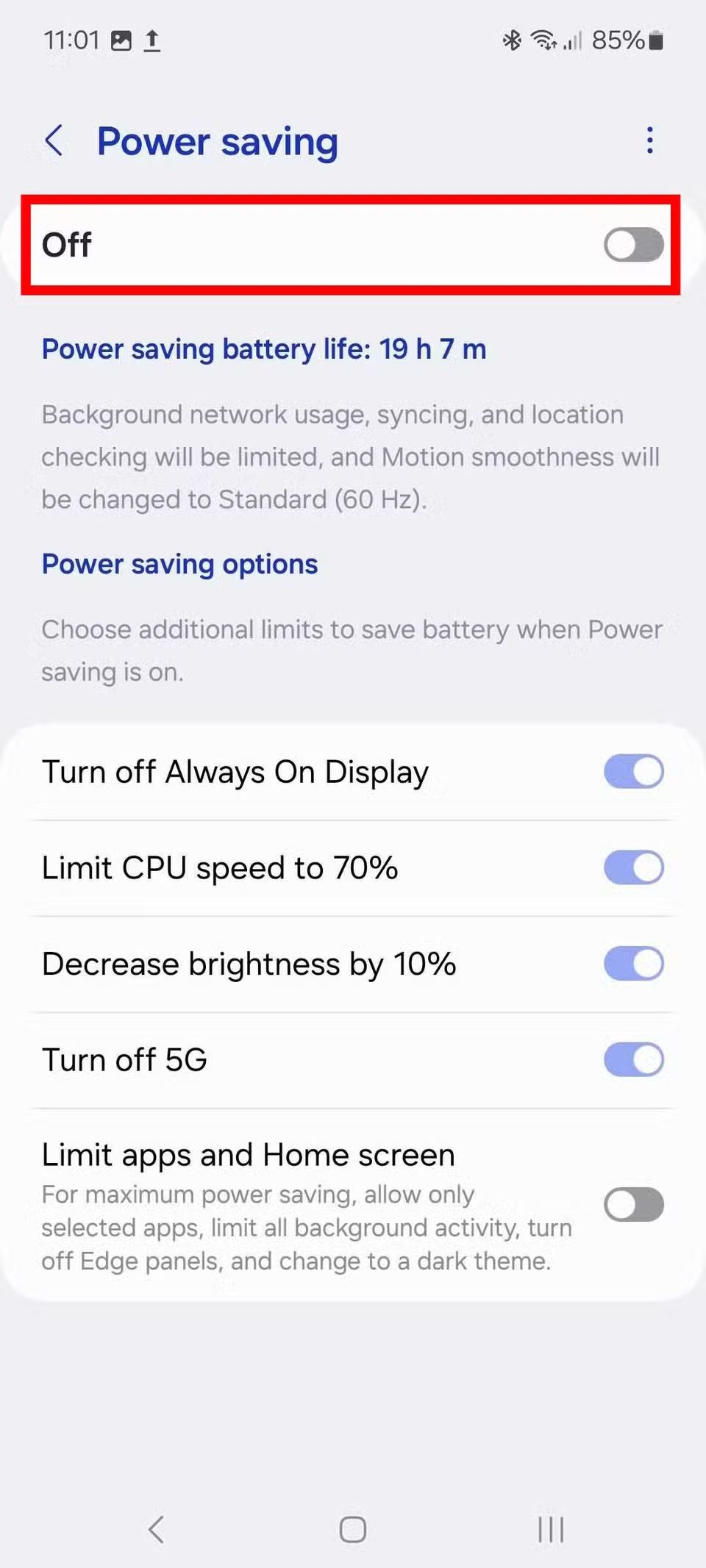 Screenshot highlighting the Power Saving off button on the Galaxy A15