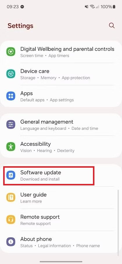 Screenshot highlighting Software update on the Galaxy A15