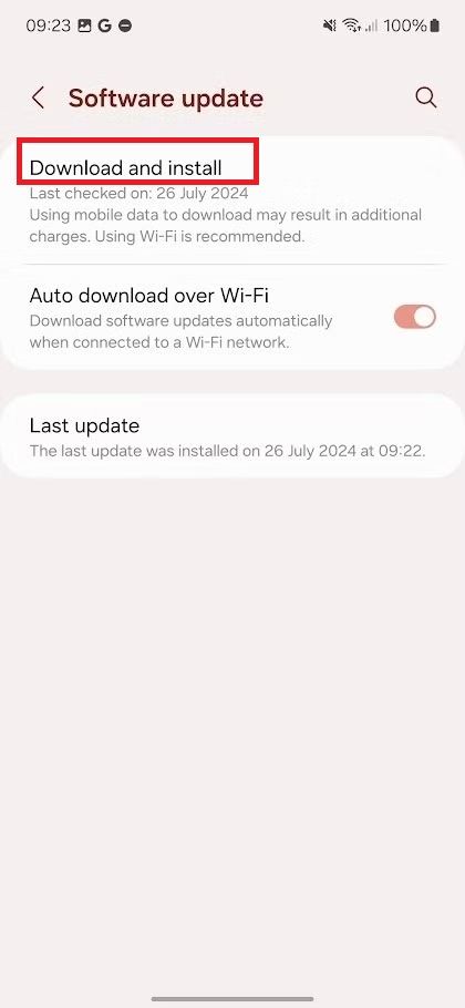 Screenshot highlighting Download and install on the Galaxy A15