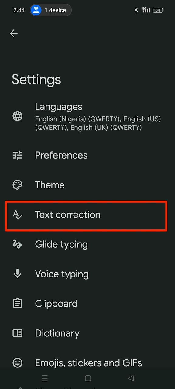 Selecting Text correction option in Gboard Settings menu