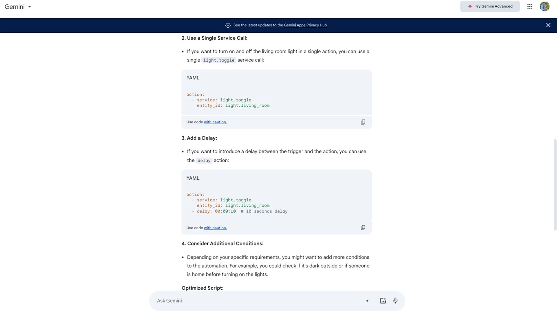Gemini tiếp tục với các mẹo tối ưu hóa, khuyến nghị sử dụng một cuộc gọi dịch vụ duy nhất để bật đèn, thêm hành động trễ và xem xét các điều kiện bổ sung. 