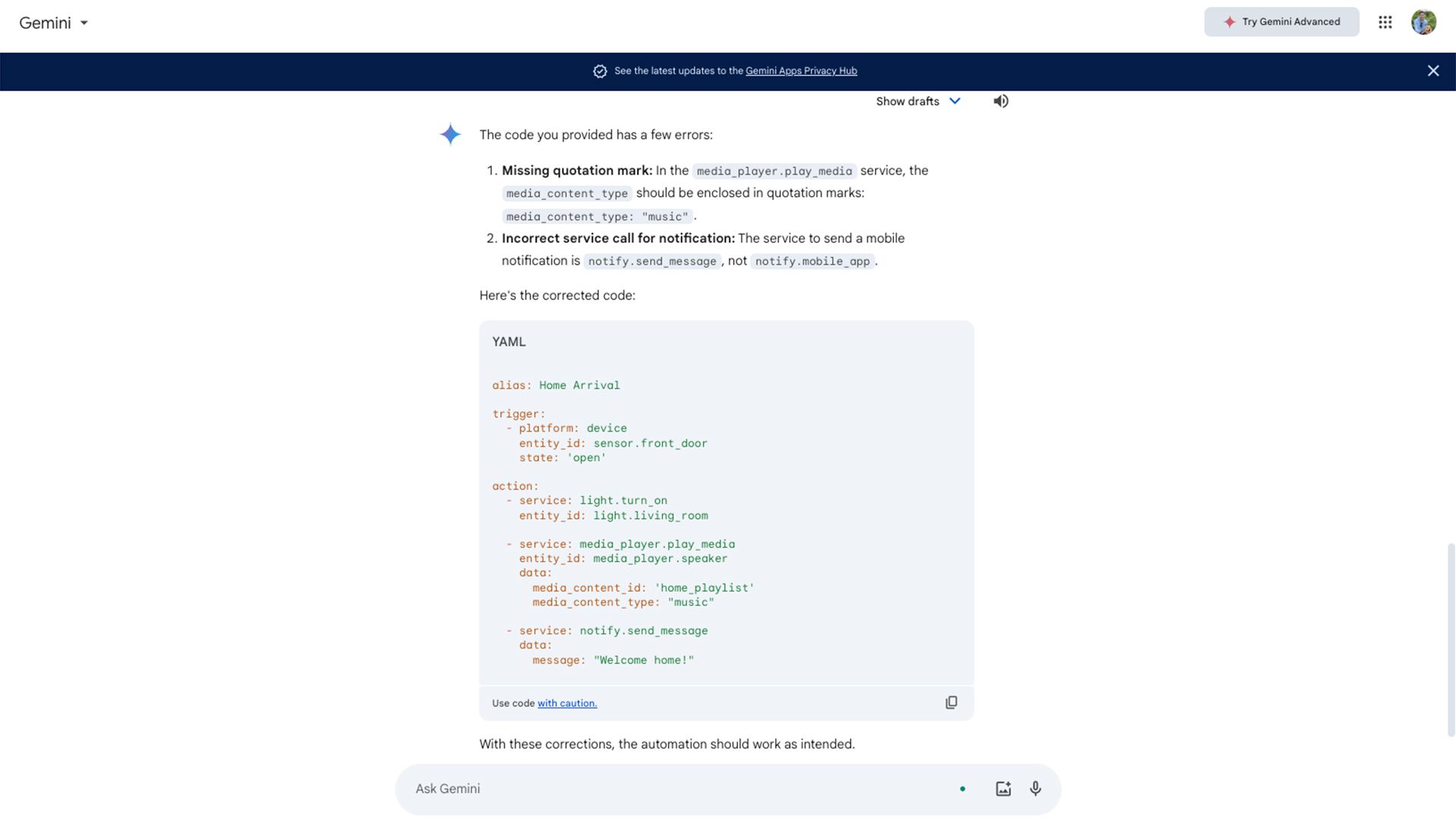 : A continued conversation where the corrected YAML code for the 'Home Arrival' automation is displayed, along with explanations for the changes made and how they resolve the issues.