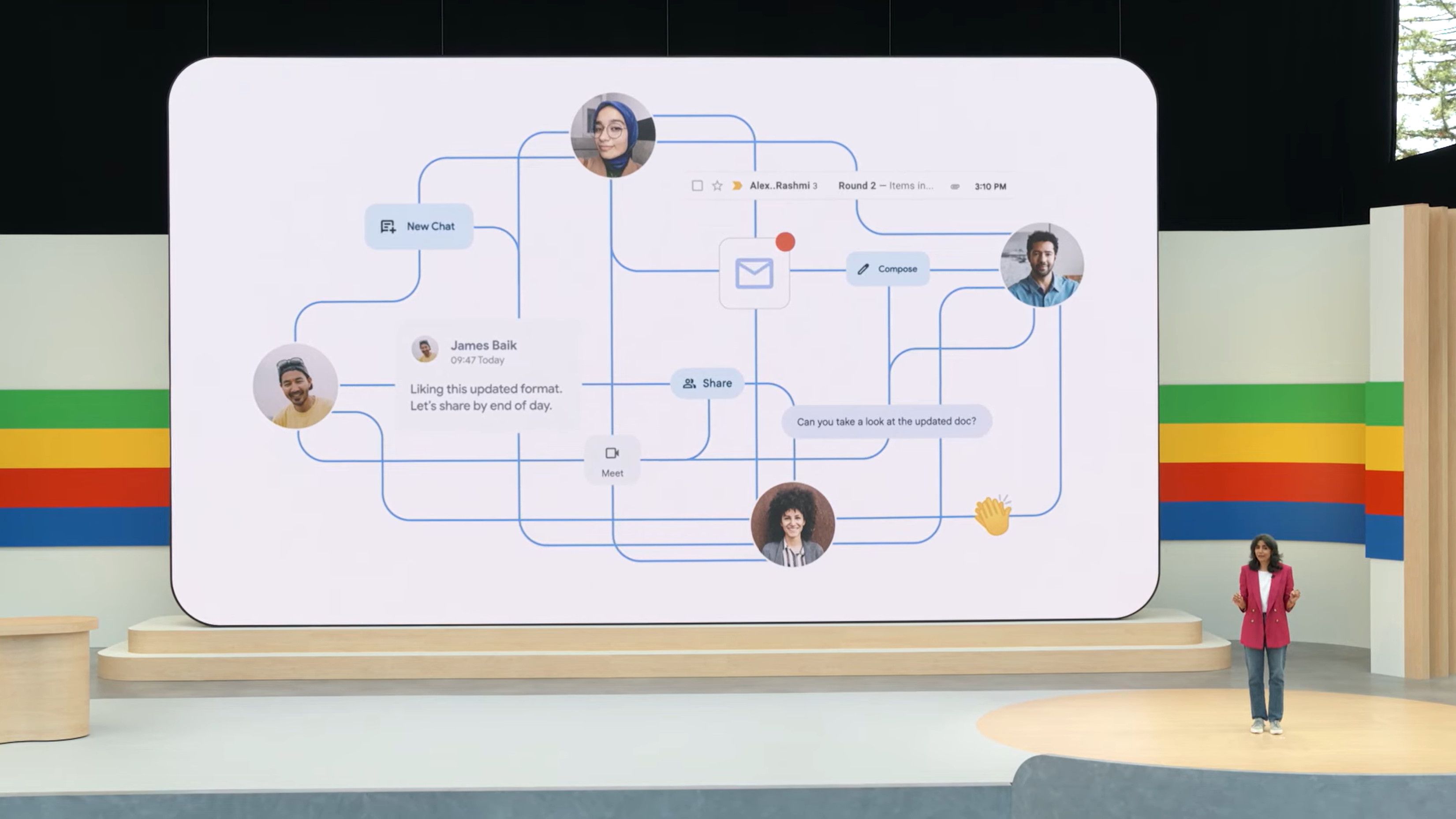 sân khấu và màn hình lớn giới thiệu đồng đội google ai 