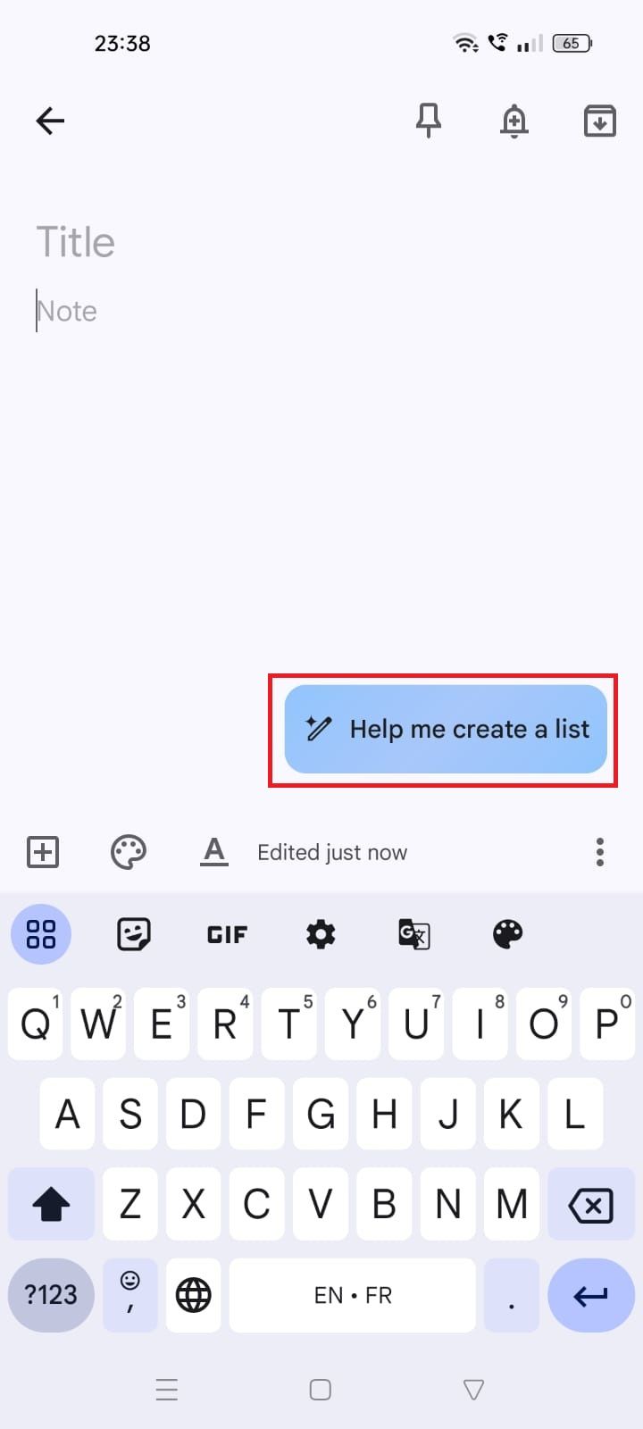 Screenshot highlighting Help me create a list in Google Keep