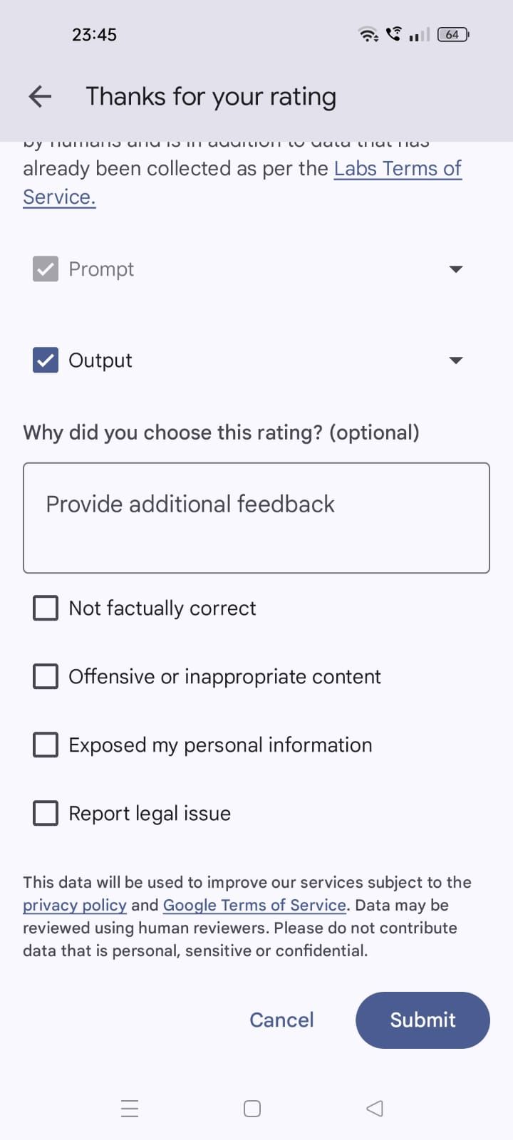 Screenshot the feedback form in Google Keep