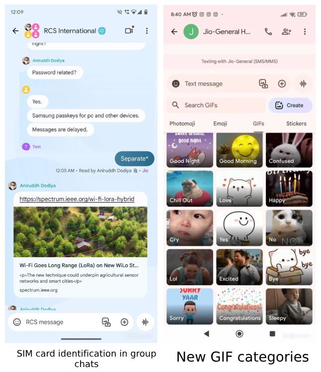 Screeshots of Google Messages' upcoming sim identification and GIF categories