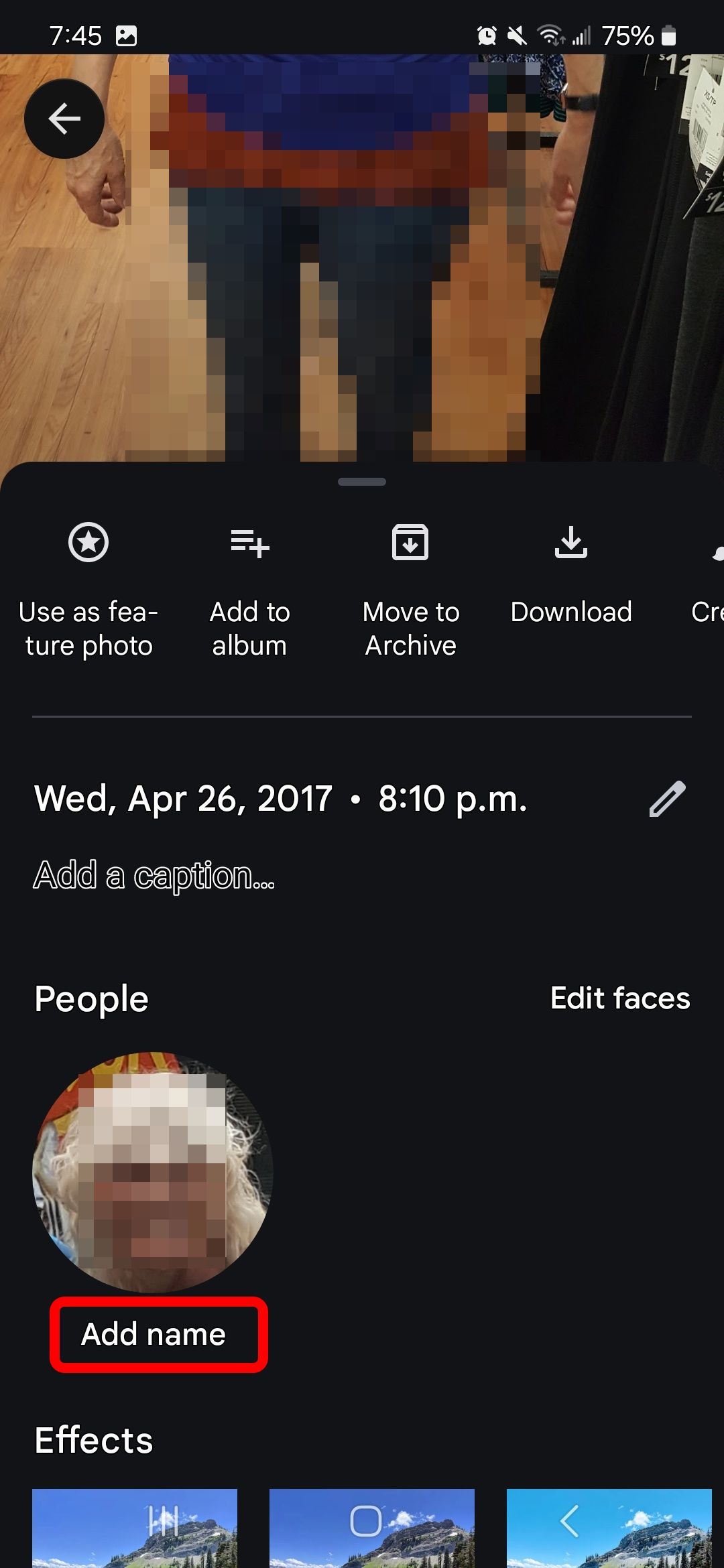 Red rectangle outline highlighting Add name in Google Photos app