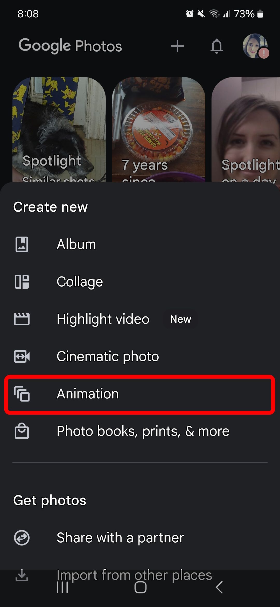 Red rectangle outline highlighting Animation option in create new in google photos app