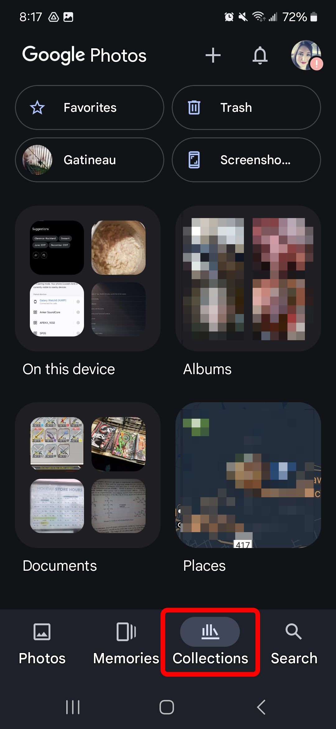 Red rectangle highlighting collections tab in Google Photos app