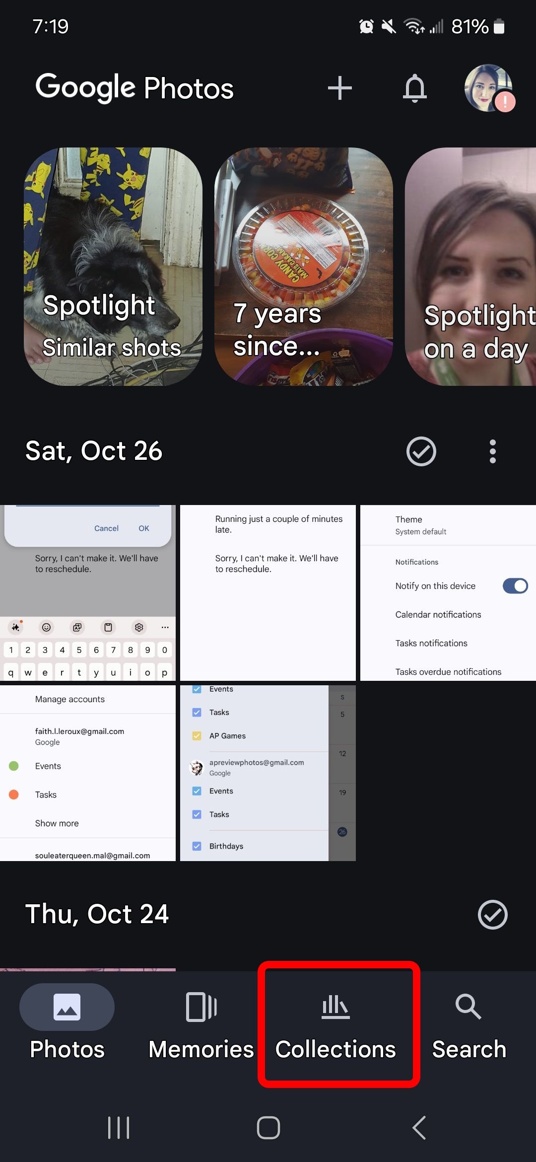 Red rectangle outline over Collections tab in Google Photos app