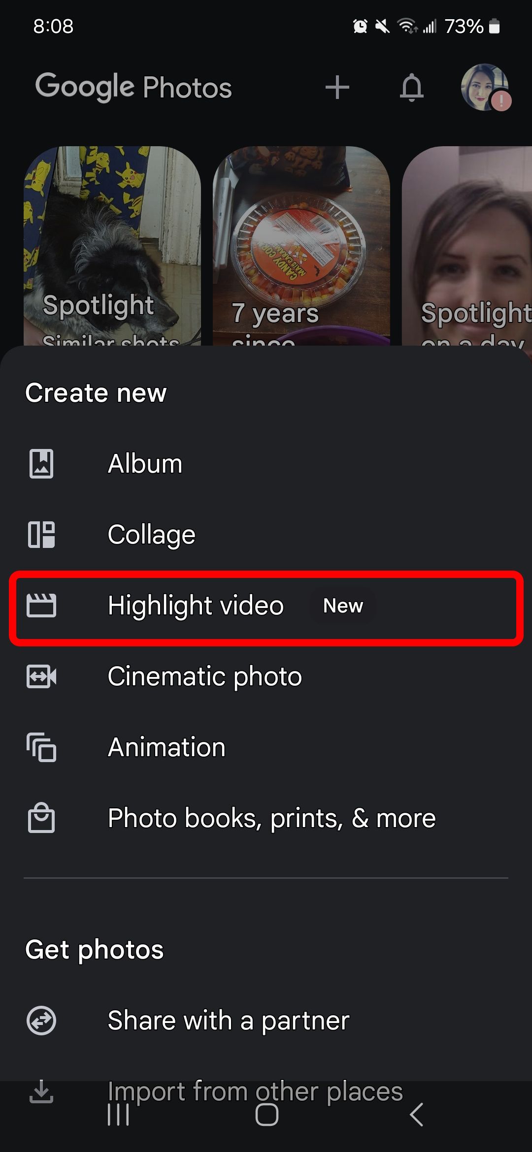 Red rectangle outline over Highlight video option in Create new menu in google photos app