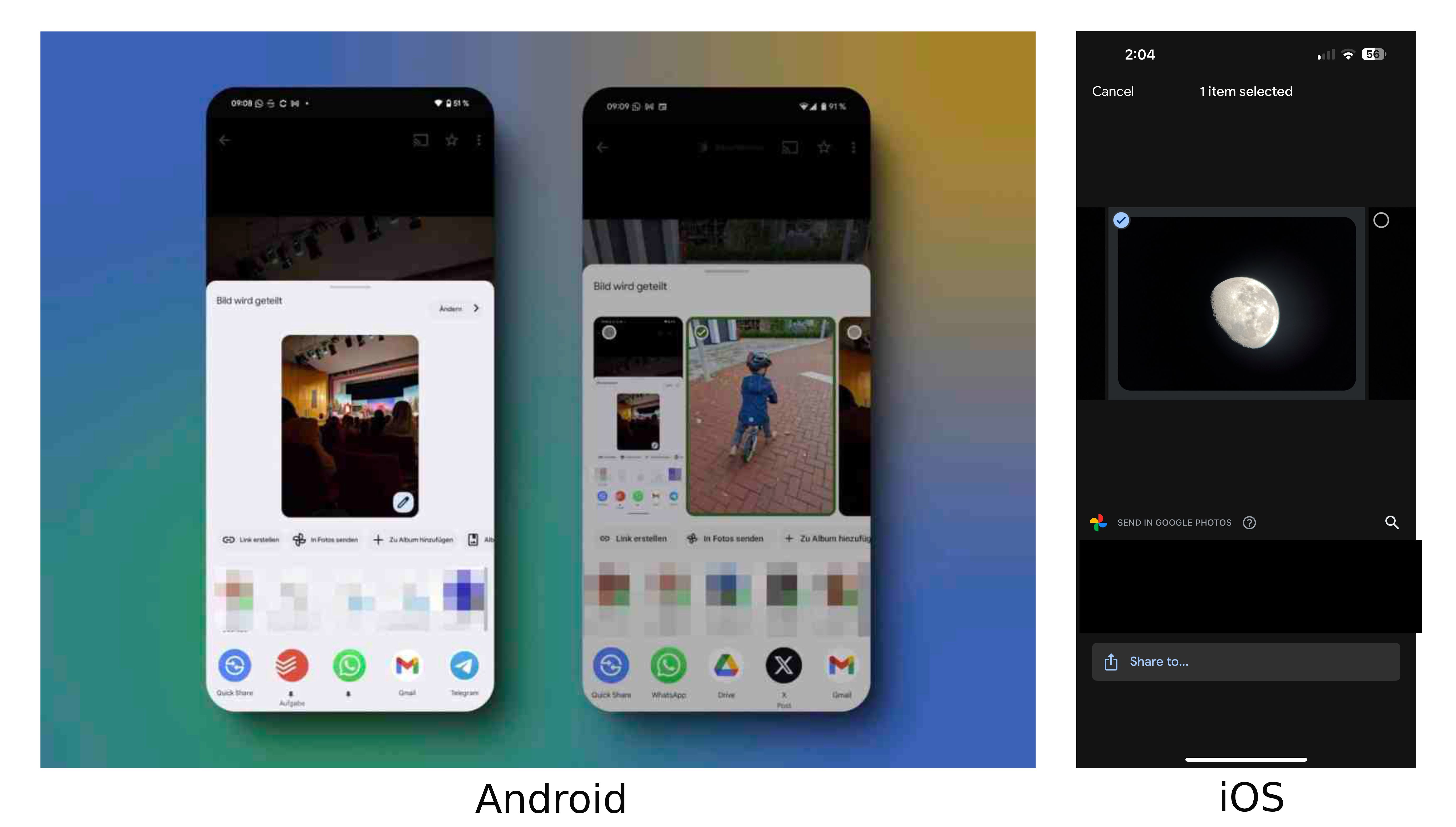 Ảnh chụp màn hình giao diện người dùng trang Chia sẻ mới của Google Photos. Android ở bên trái, iOS ở bên phải.