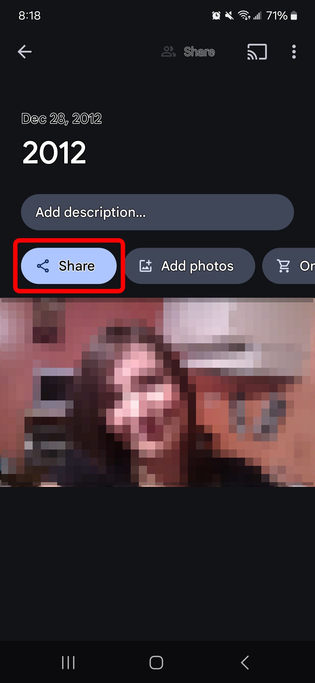 Red rectangle highlighting the Share button in google photos app