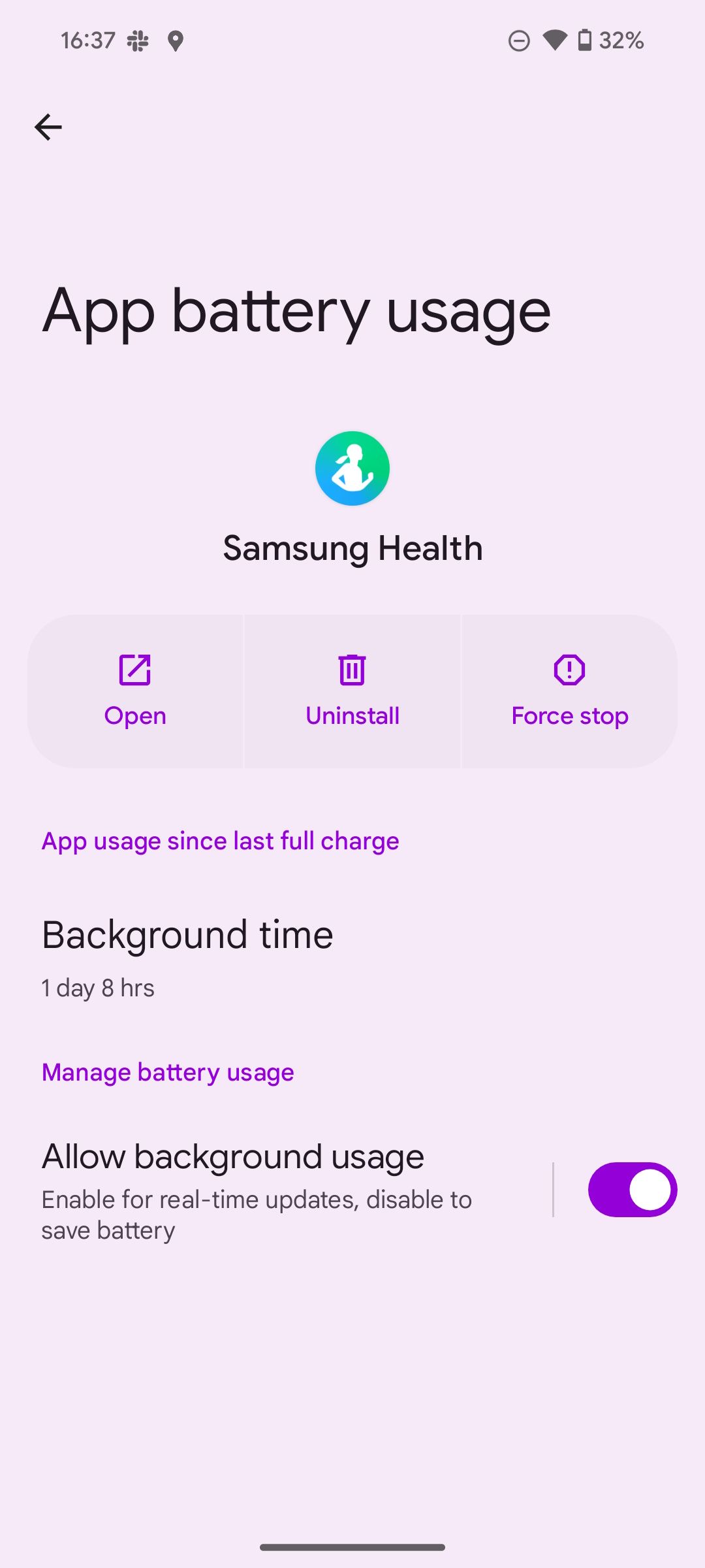 Trang sử dụng pin của ứng dụng dành cho ứng dụng Samsung Health hiển thị thời gian chạy nền và các quyền