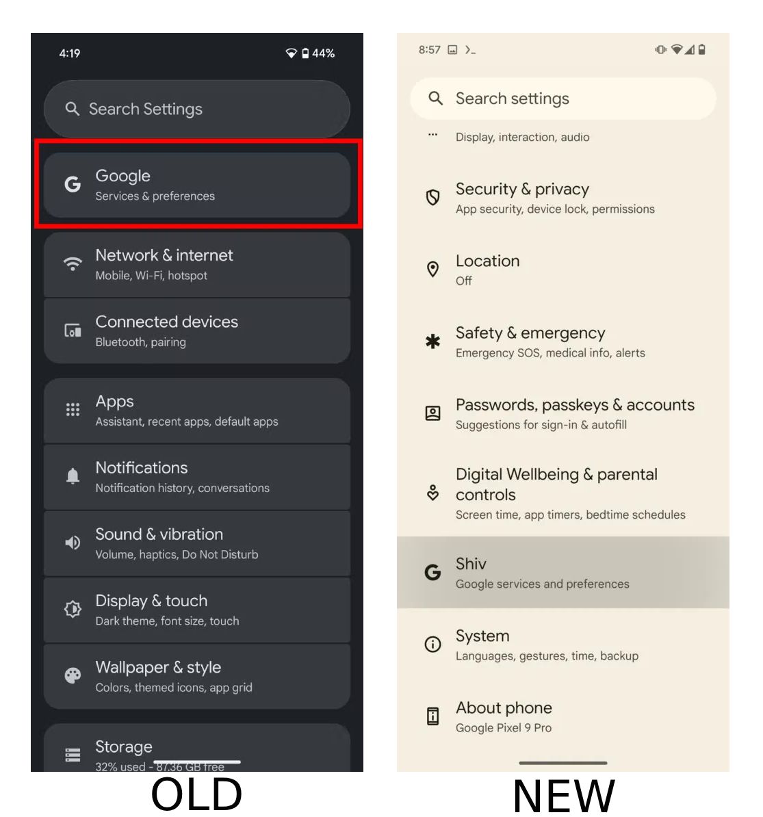 Screenshots of Google Settings' old and new UI