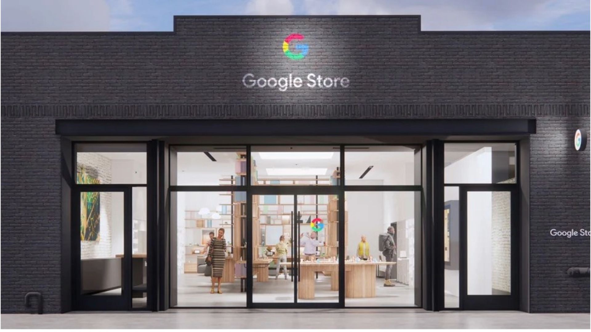 Hình ảnh hiển thị mặt tiền cửa hàng Google Store với những người bên trong.