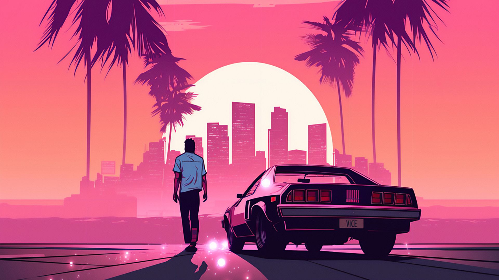 Google Chrome browser with the 'GTA 6 Vice' theme applied, featuring a retro-inspired cityscape with a sunset in pink and orange hues, palm trees, and a classic car.