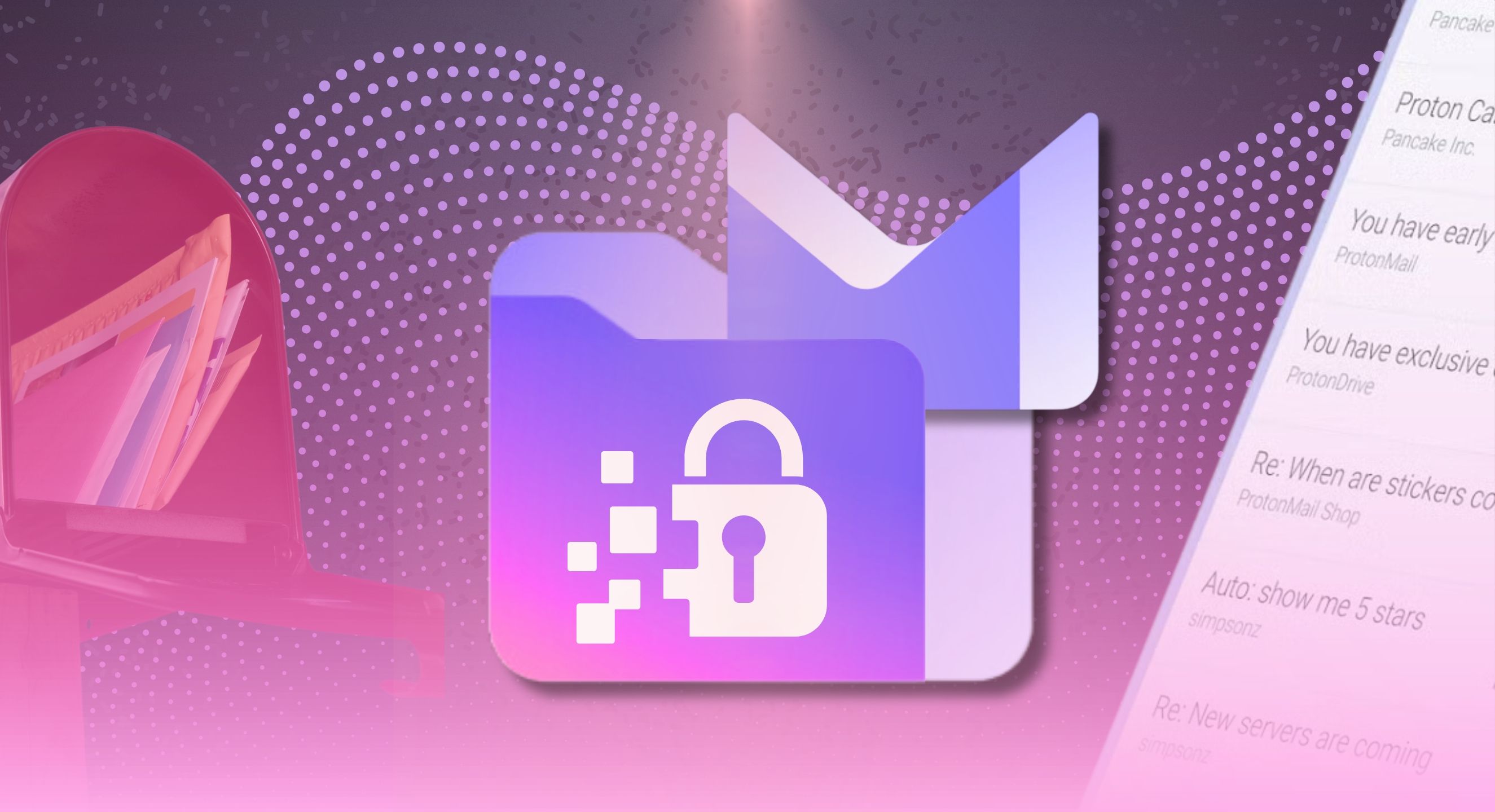 A stylized Proton Mail logo with a padlock on it, on a purple and red background