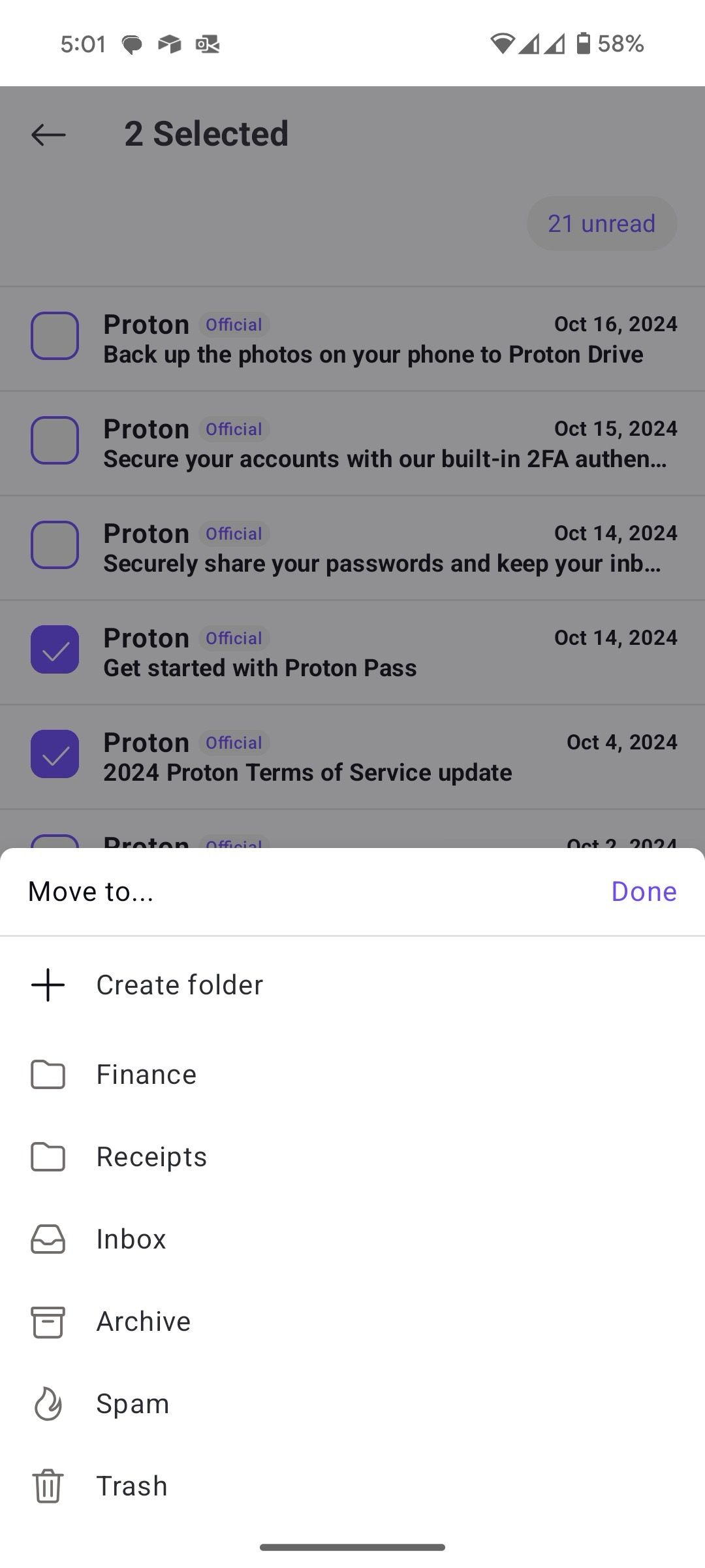 Move emails to Proton Mail folder