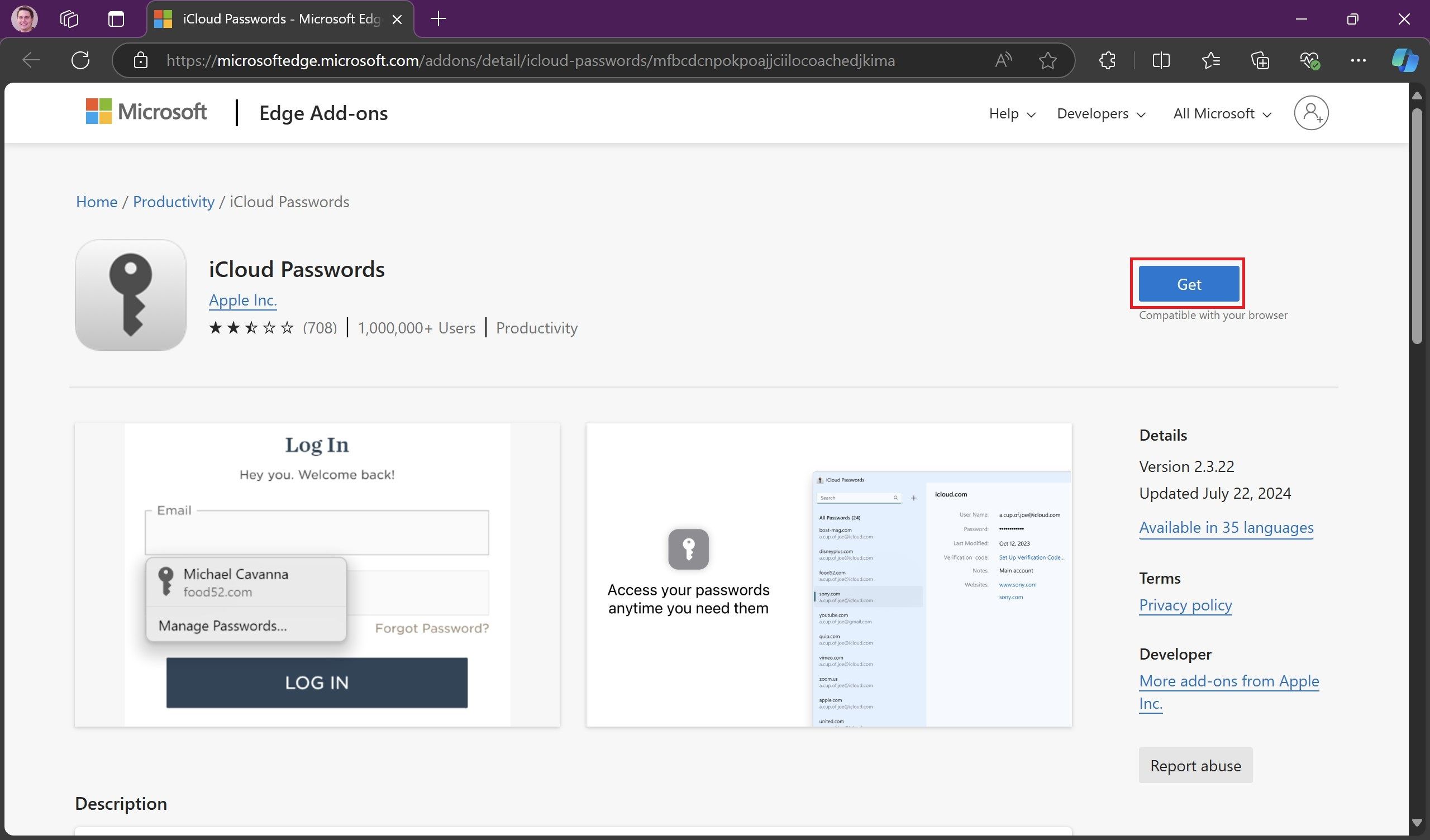 The iCloud Passwords extension for Microsoft Edge listing with a red box around the Get button