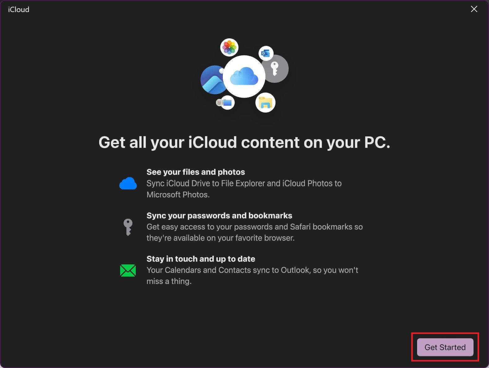 The iCloud Windows app launch screen with a red box around the Get Started button