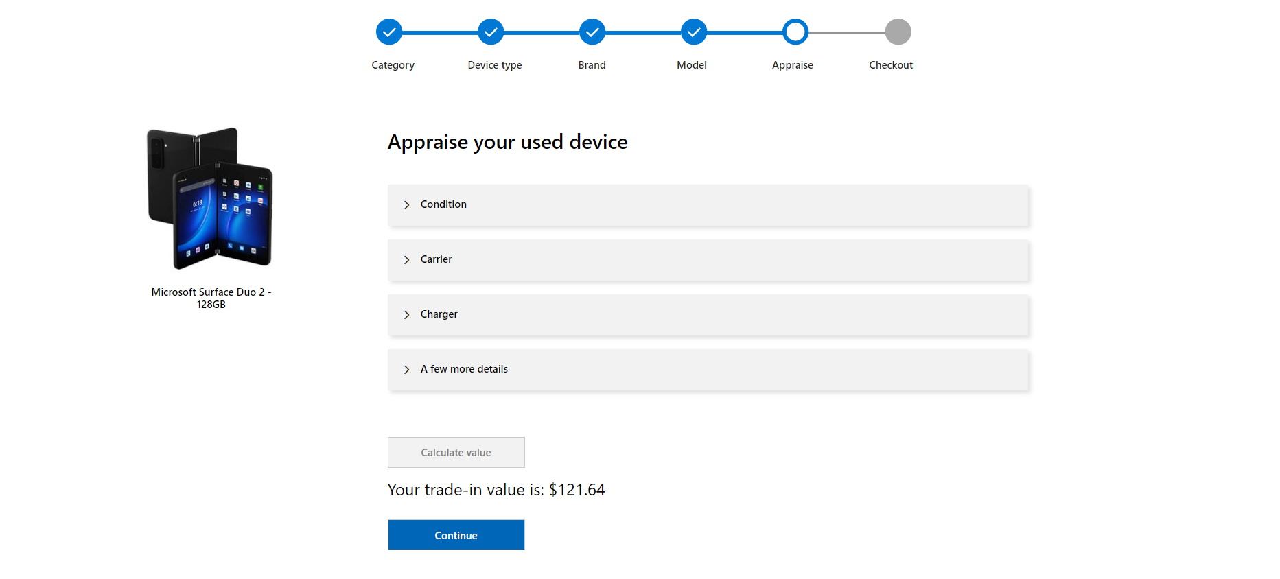 A screenshot of Microsoft's website highlighting a 128GB Surface Duo 2's trade-in value.