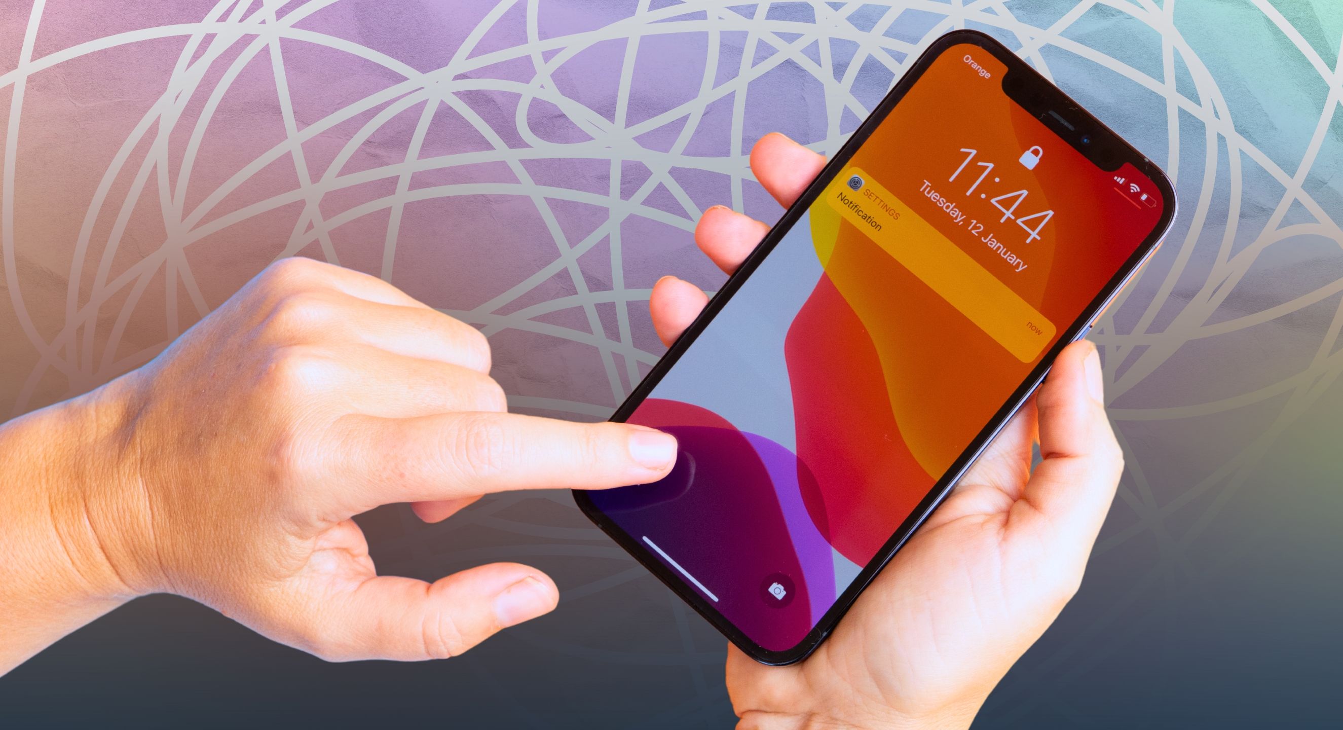 A photo illustration of a person holding an iphone against an abstract background