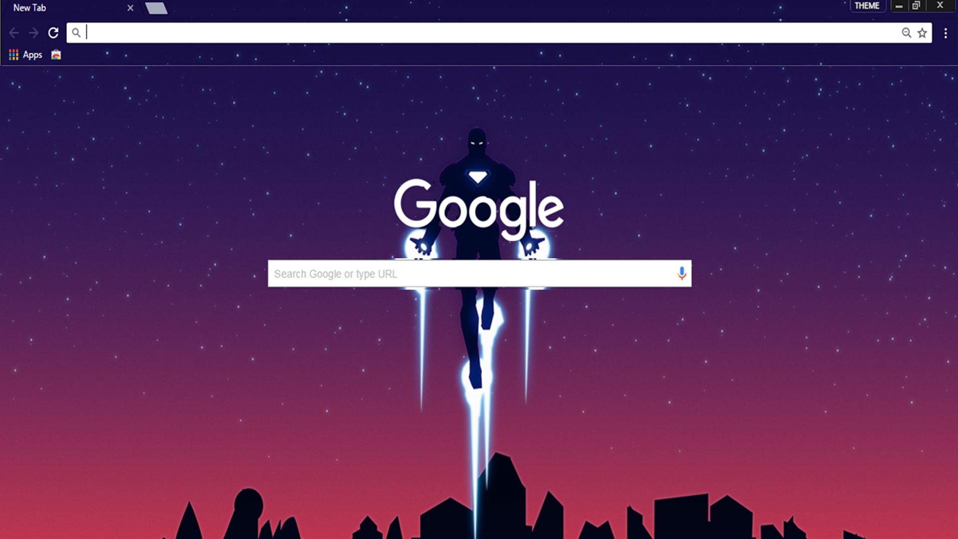 Google Chrome browser with the 'Iron Man' theme applied, showcasing a silhouette of Iron Man flying over a cityscape under a starry night sky with a purple-to-red gradient.