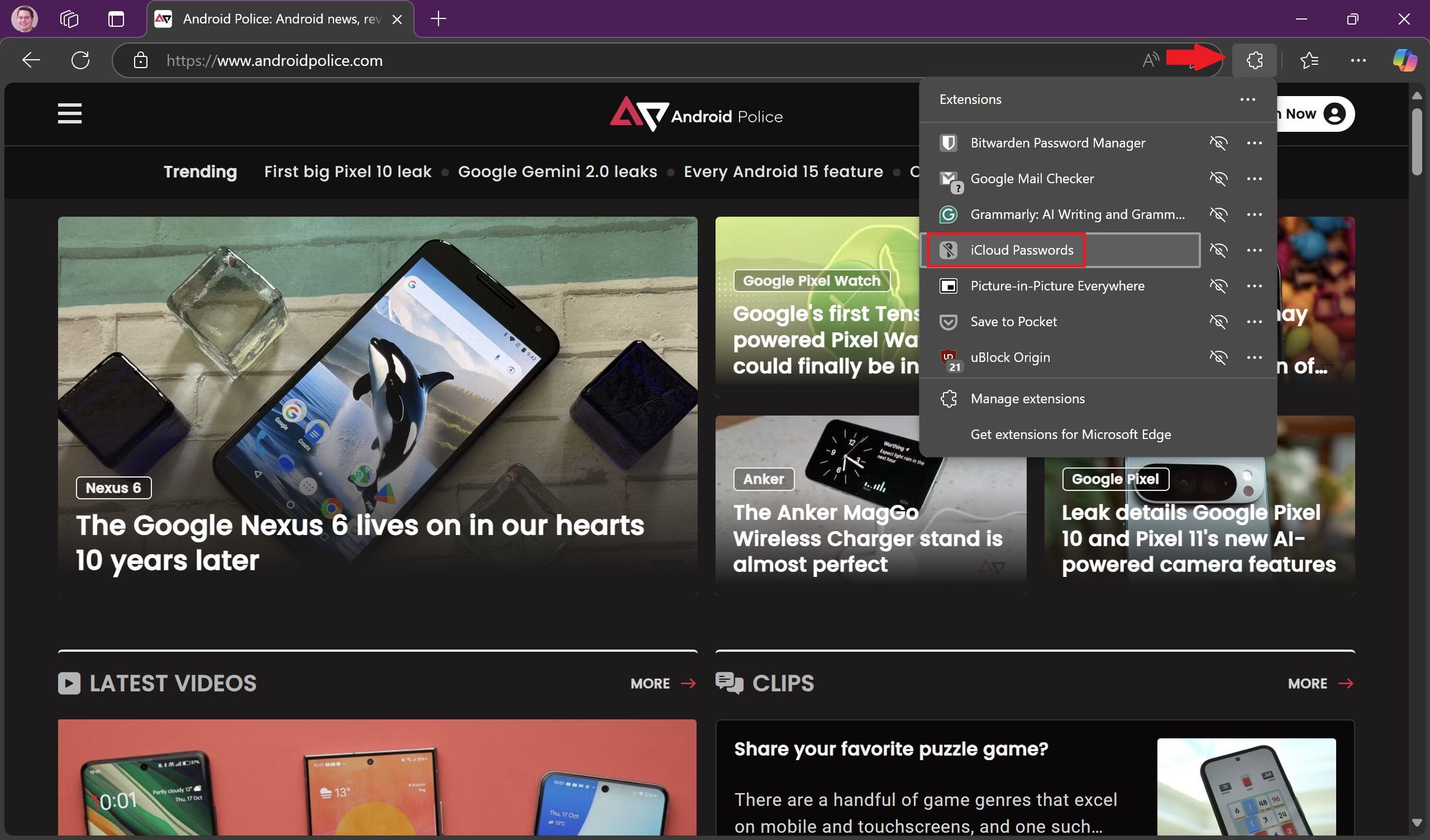 The Android Police website open on Microsoft Edge with a red arrow pointing to the extensions button and a red box around the iCloud Passwords extension
