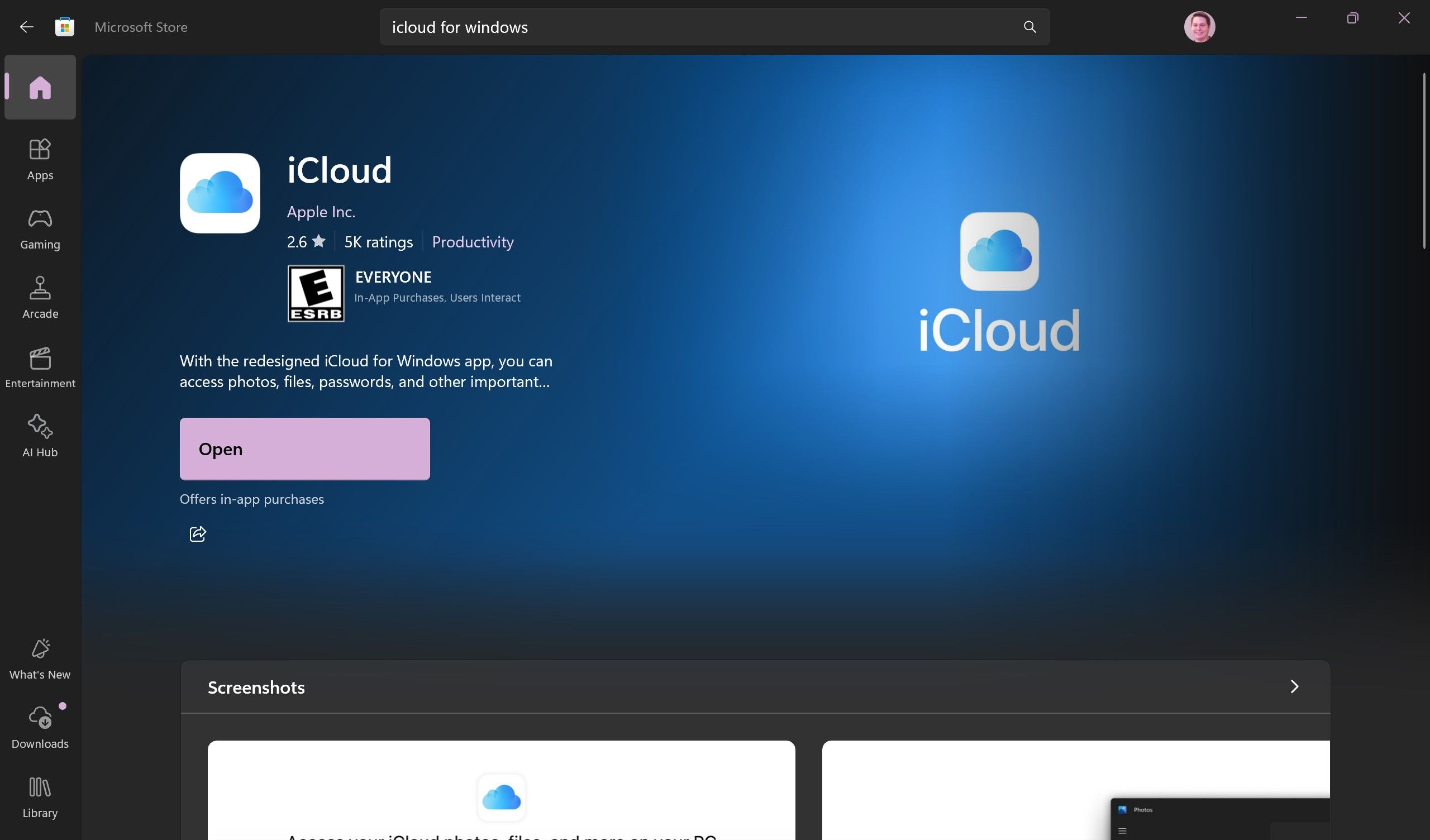 The iCloud Windows app listing in the Microsoft Store