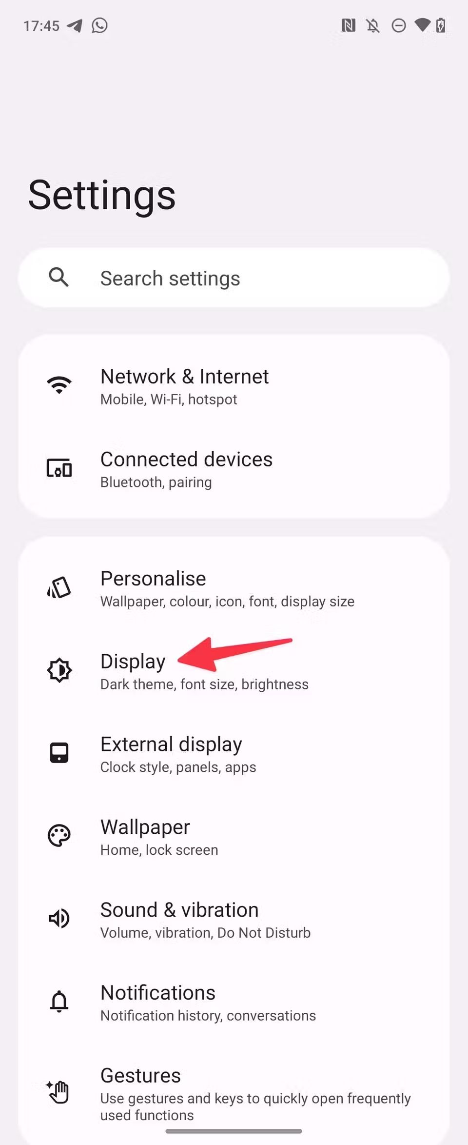 Screenshot with an arrow pointing toward Display on the Moto G Stylus 5G 2024