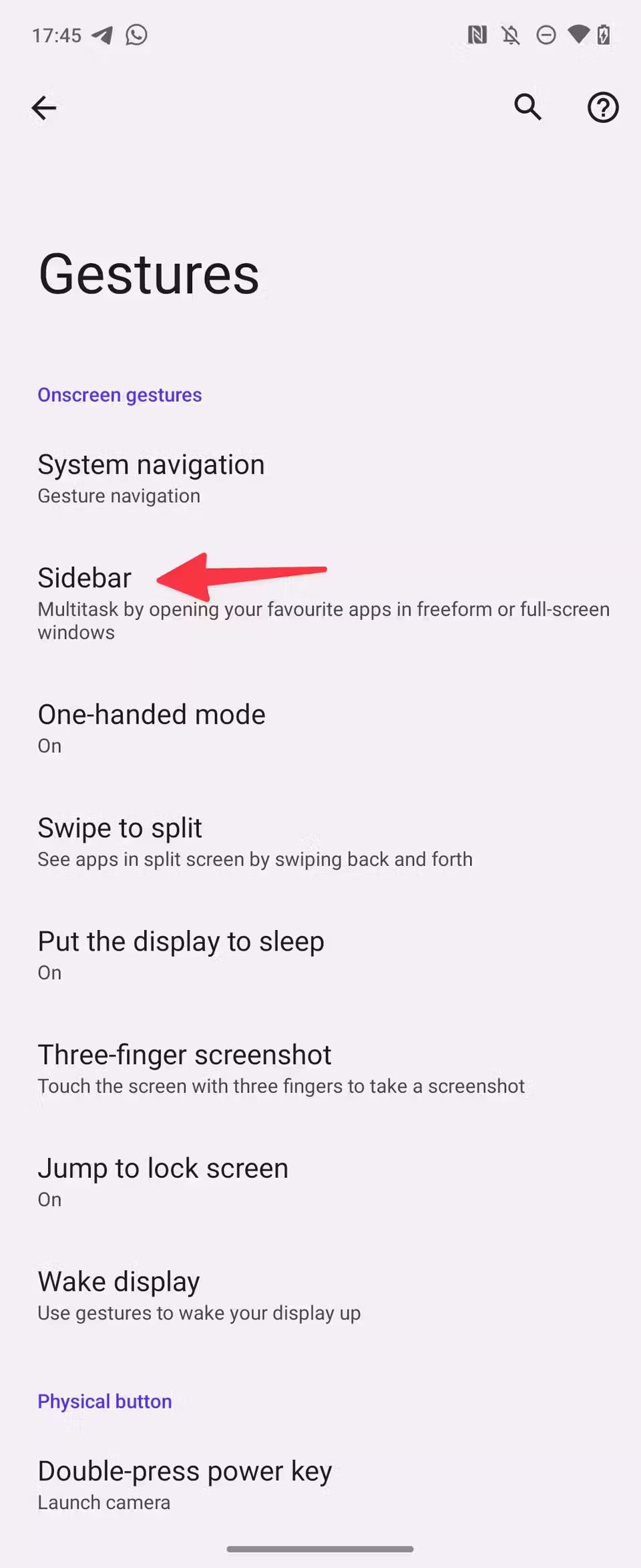 Screenshot showing an arrow pointing towards Sidebar on the Moto G Stylus 5G 2024