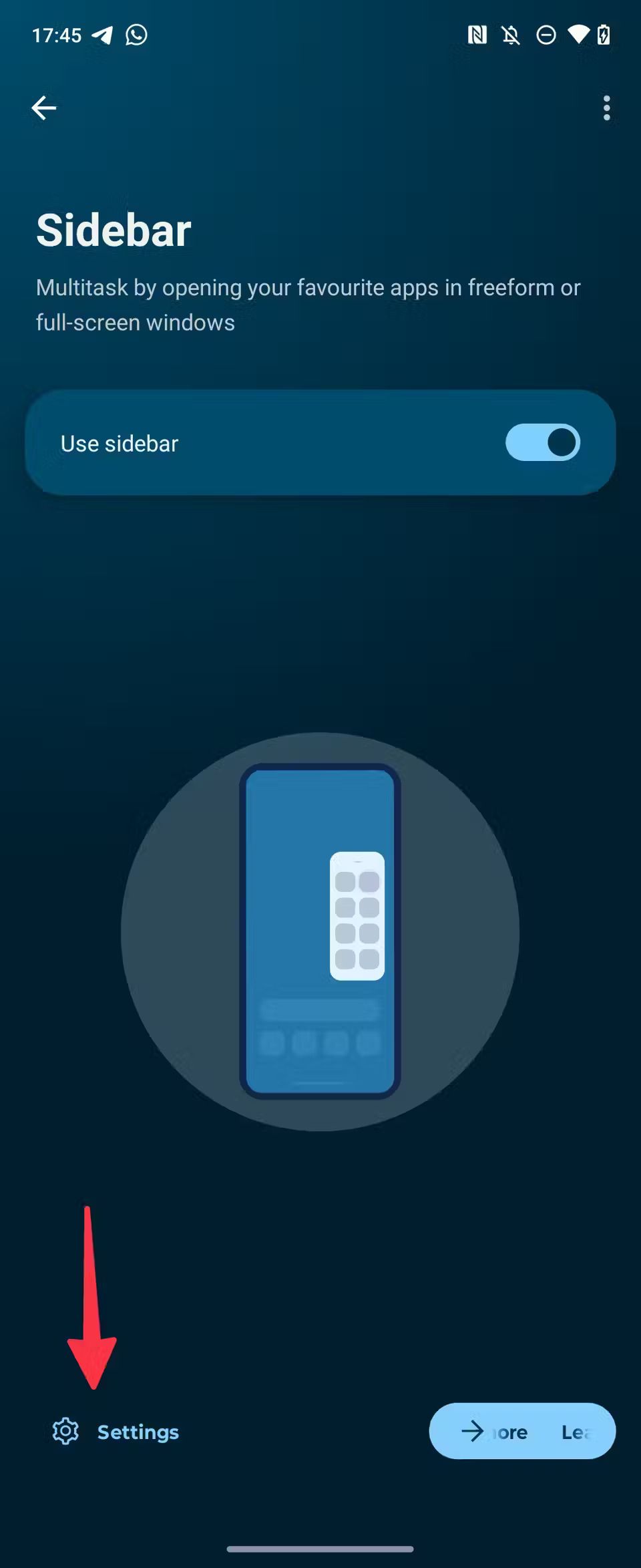 Screenshot showing an arrow pointing towards Settings on the Moto G Stylus 5G 2024