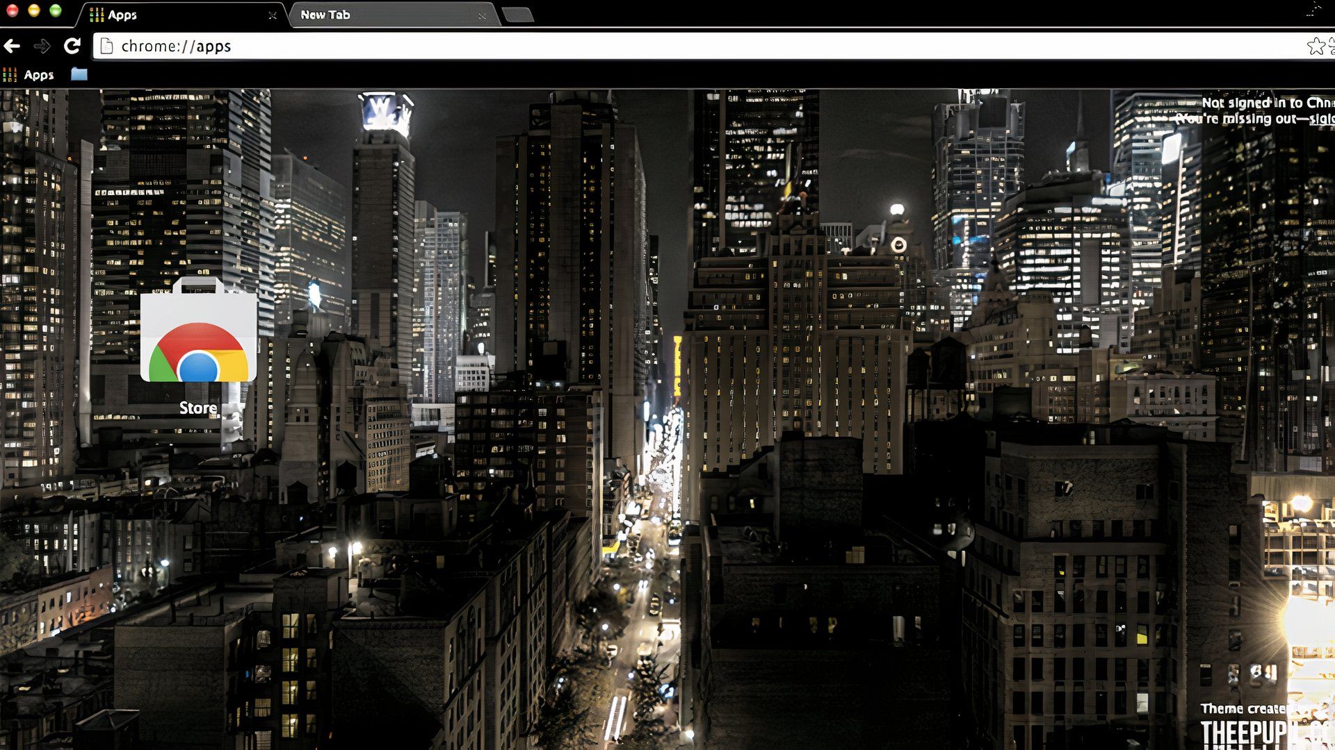 Google Chrome browser with the 'Nighttime New York' theme applied, showcasing a monochromatic, nighttime cityscape of New York with illuminated skyscrapers and busy streets.