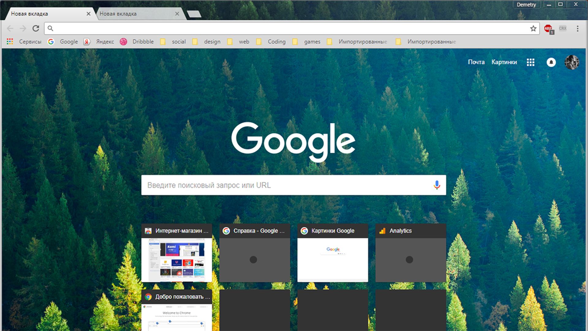 Google Chrome browser with the 'Nordic Forest' theme applied, featuring a serene, dense green forest background. 