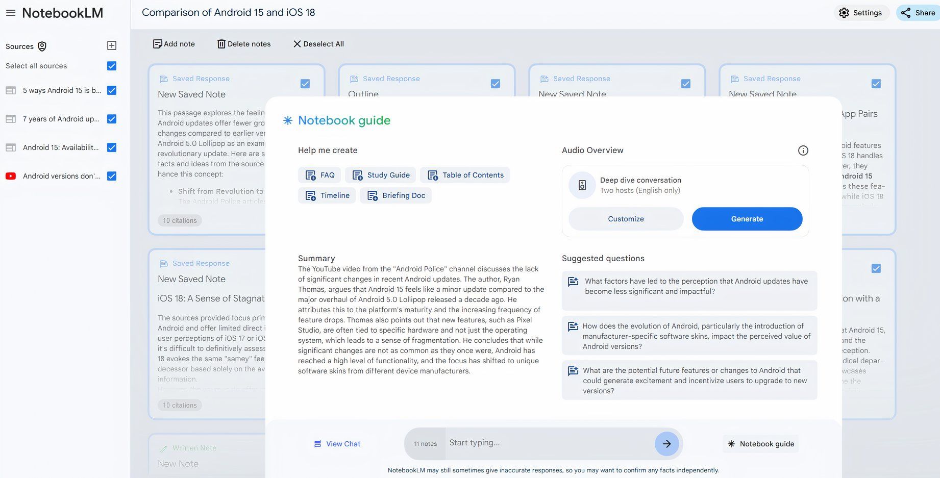 A conversation in NotebookLM showing a summary, audio overview, a nd suggested questions