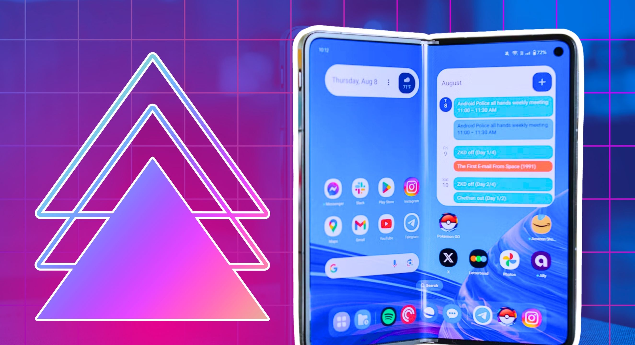 An unfolded OnePlus Open on a pink and blue backgroun with grids and a triangle design