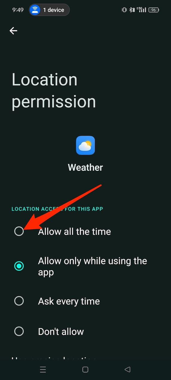 Granting Weather app location permission at all times on OnePlus 12