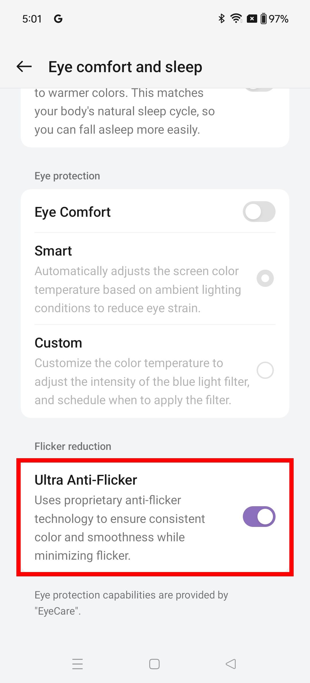 Red rectangle outline highlighting Ultra Anti-Flicker option toggle to turn it off on a OnePlus 12R