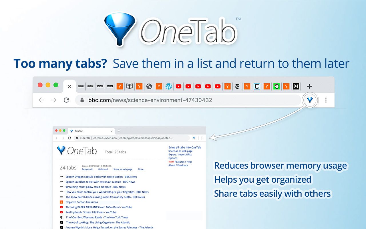 OneTab browser extension image showing tabs being consolidated to reduce memory, organize tabs, and share easily.