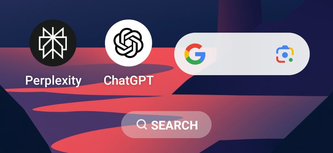 Perplexity, ChatGPT, and Google Search bar on the Android home screen of the OnePlus Open