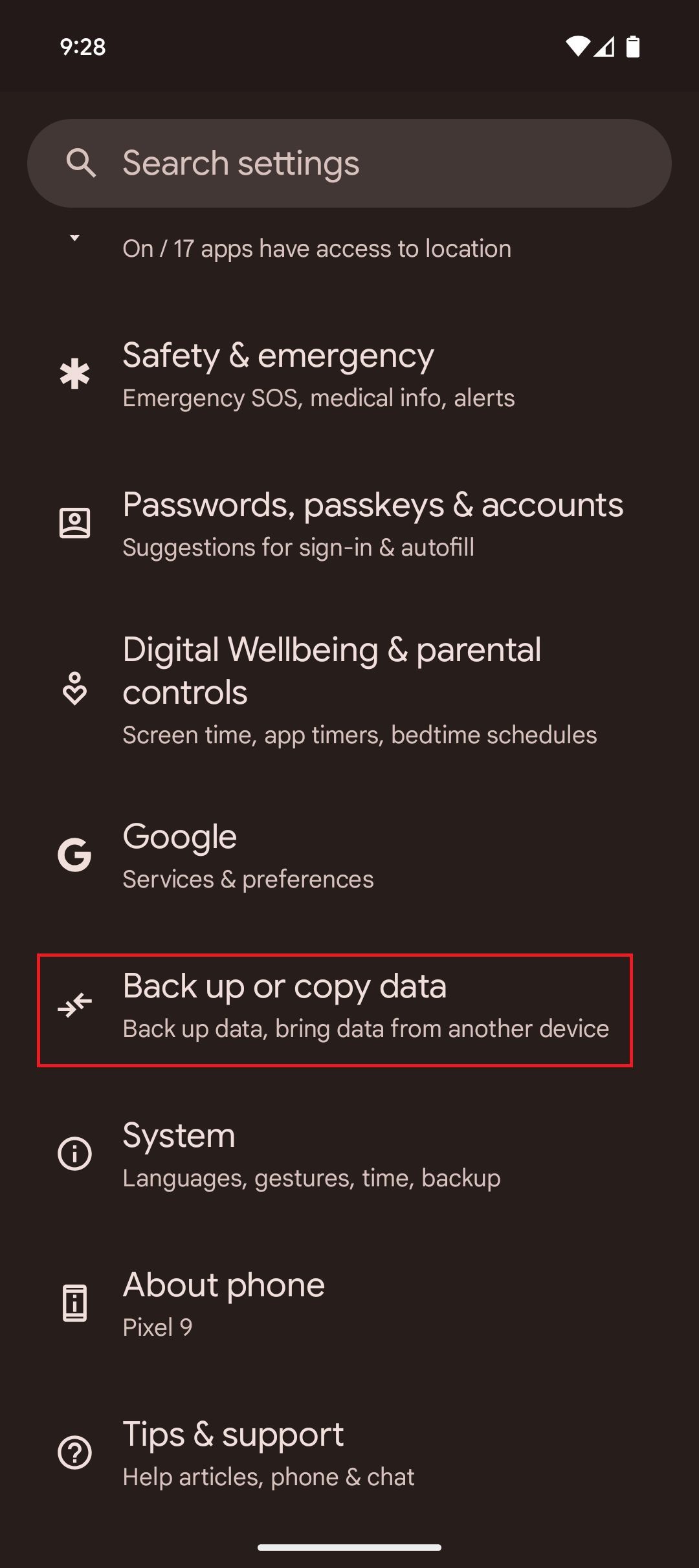 Screenshot highlighting Backup or copy data on the Pixel 9