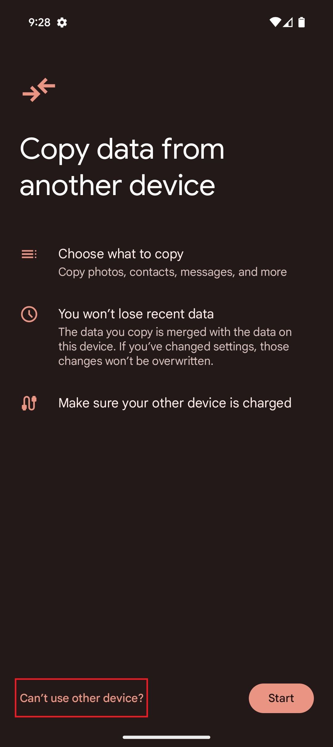 Screenshot highlighting Can't use other device on the Pixel 9